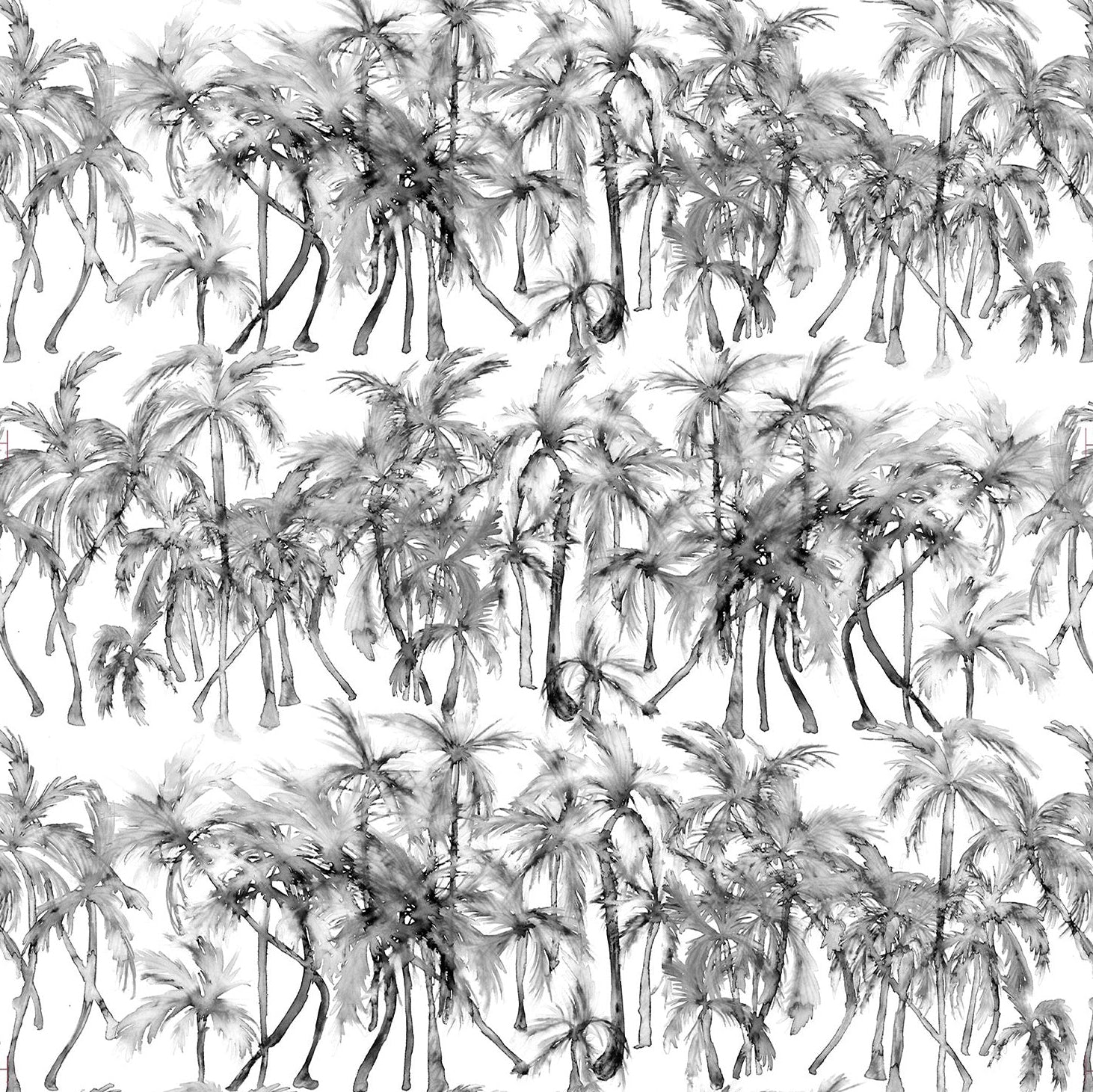 Detail of wallpaper in a painterly palm tree stripe print in shades of gray on a white field.