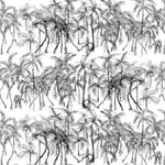 Detail of wallpaper in a painterly palm tree stripe print in shades of gray on a white field.