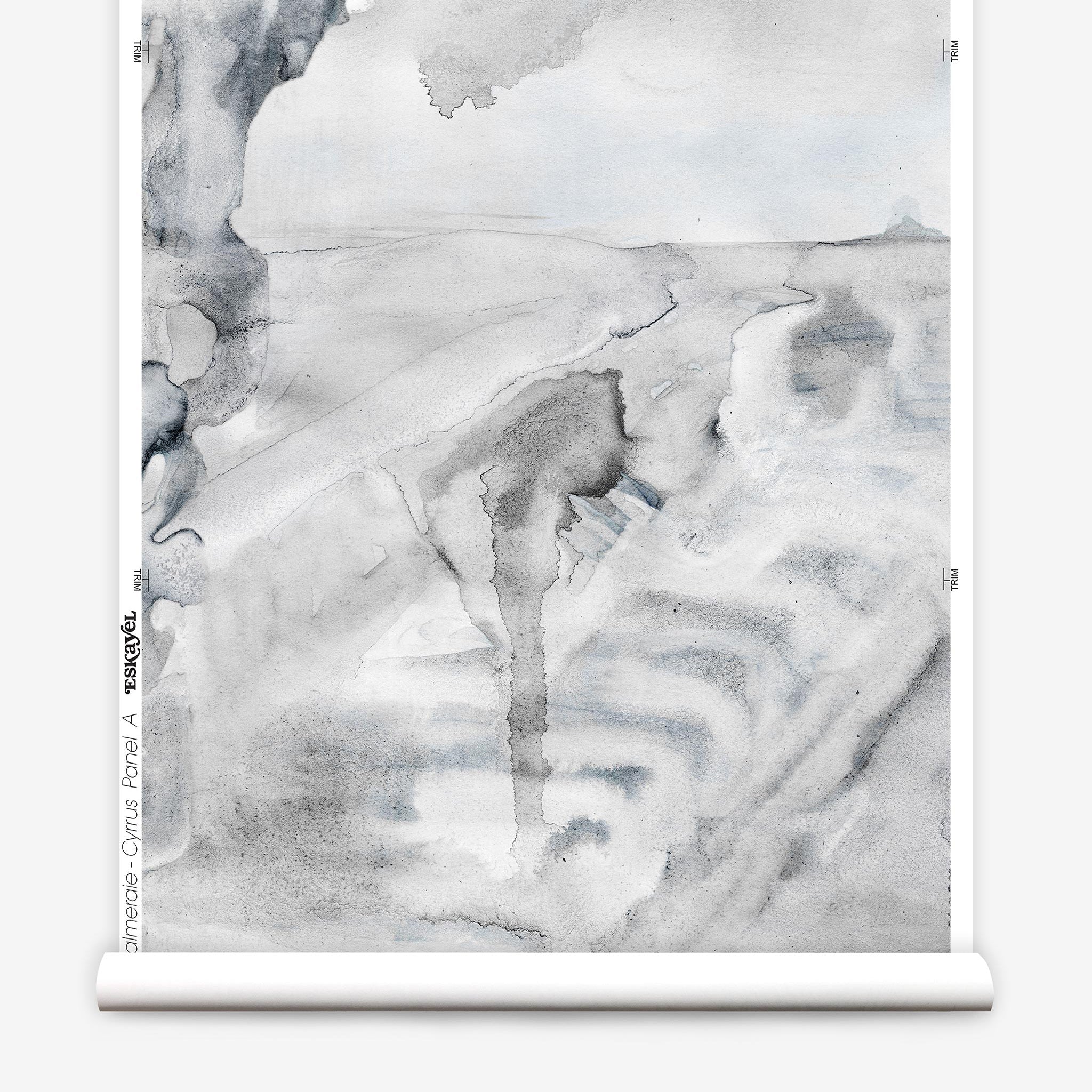 Partially unrolled wallpaper yardage in a watercolor painterly print in shades of gray and white.