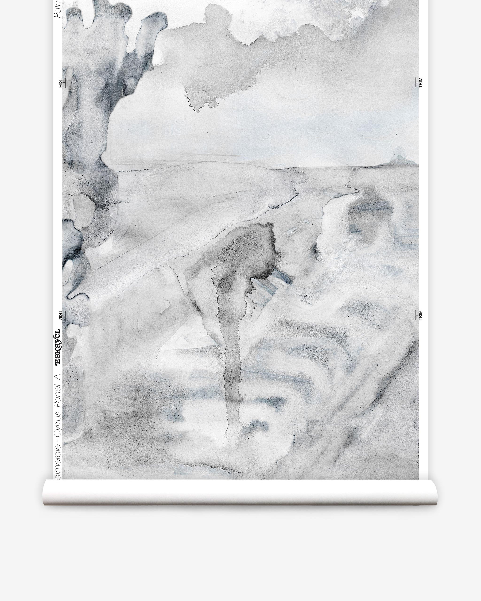 Partially unrolled wallpaper yardage in a watercolor painterly print in shades of gray and white.