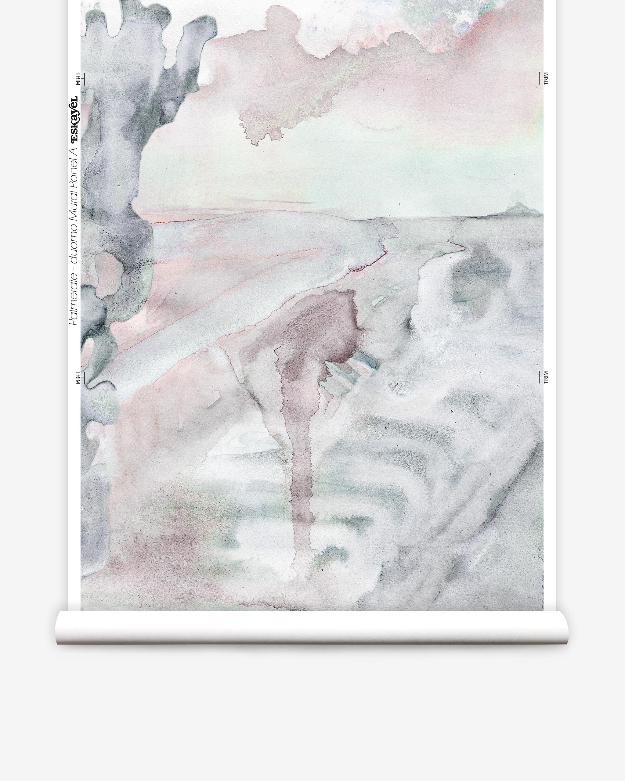 Partially unrolled wallpaper yardage in a watercolor painterly print in shades of pink, gray and white.