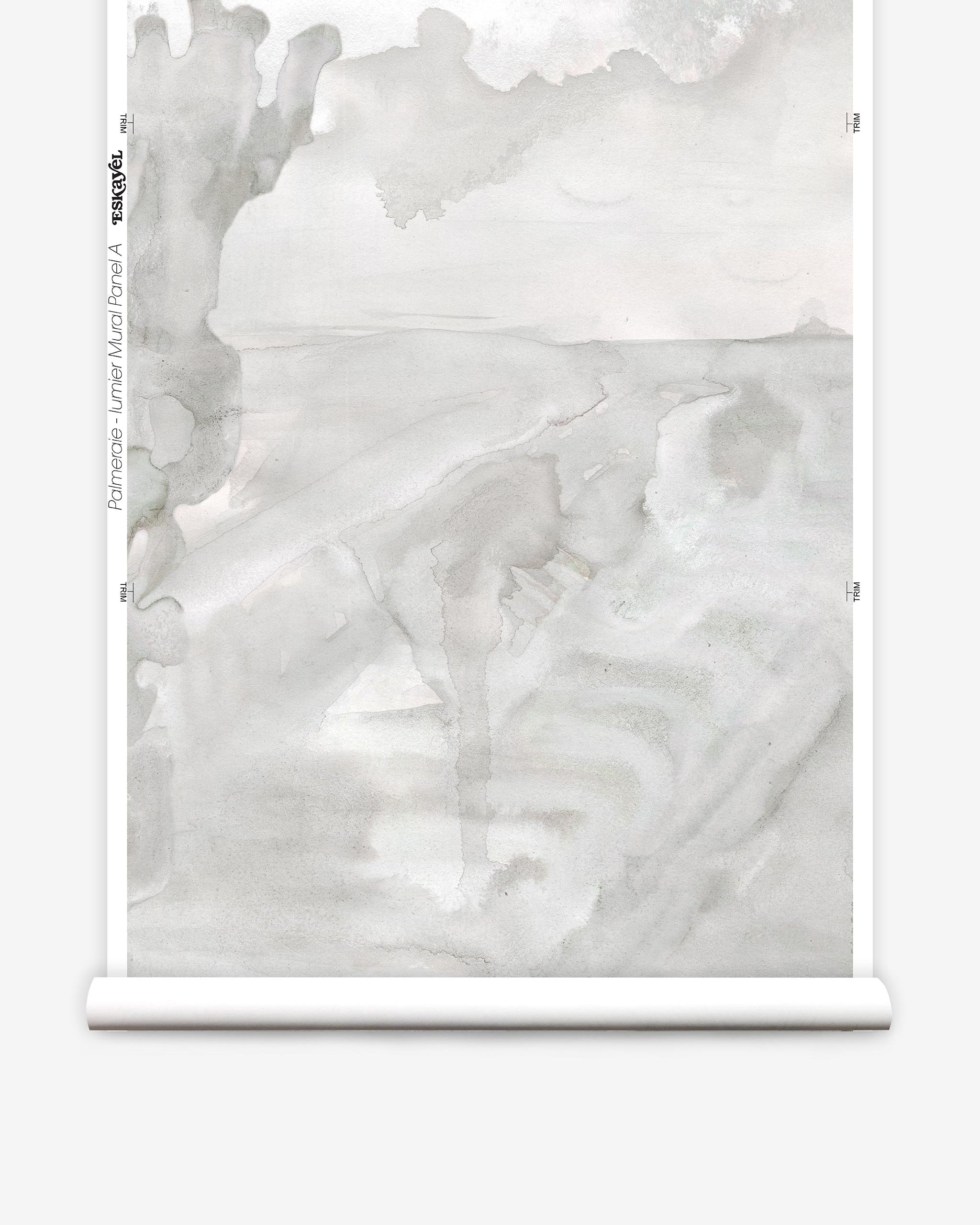 Partially unrolled wallpaper yardage in a watercolor painterly print in shades of gray and cream.