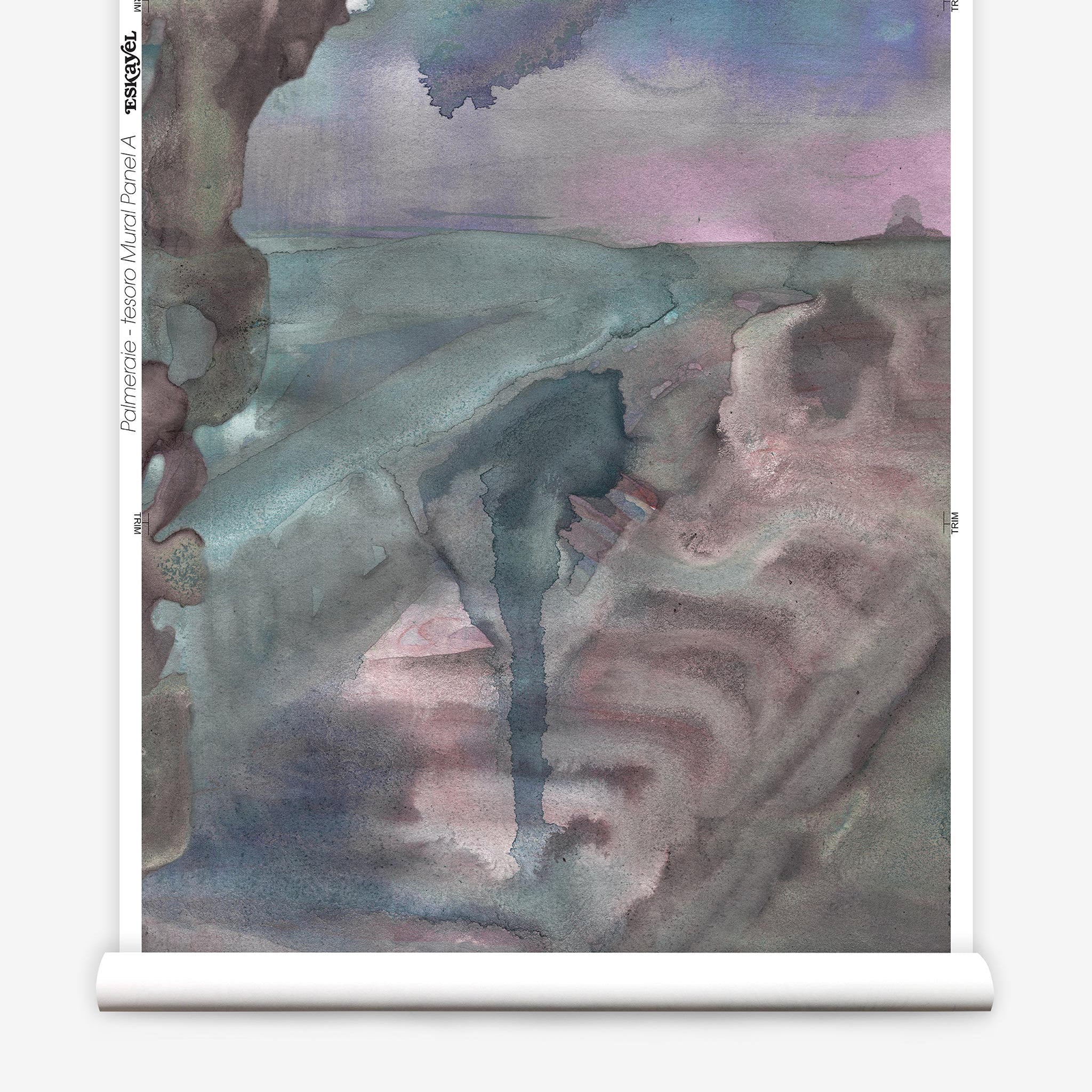 Partially unrolled wallpaper yardage in a watercolor painterly print in shades of pink, turquoise and gray.