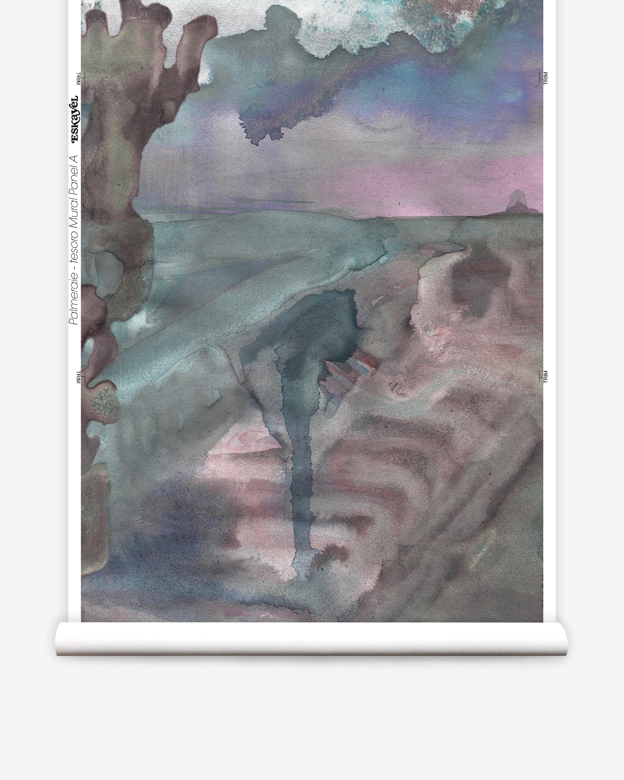 Partially unrolled wallpaper yardage in a watercolor painterly print in shades of pink, turquoise and gray.