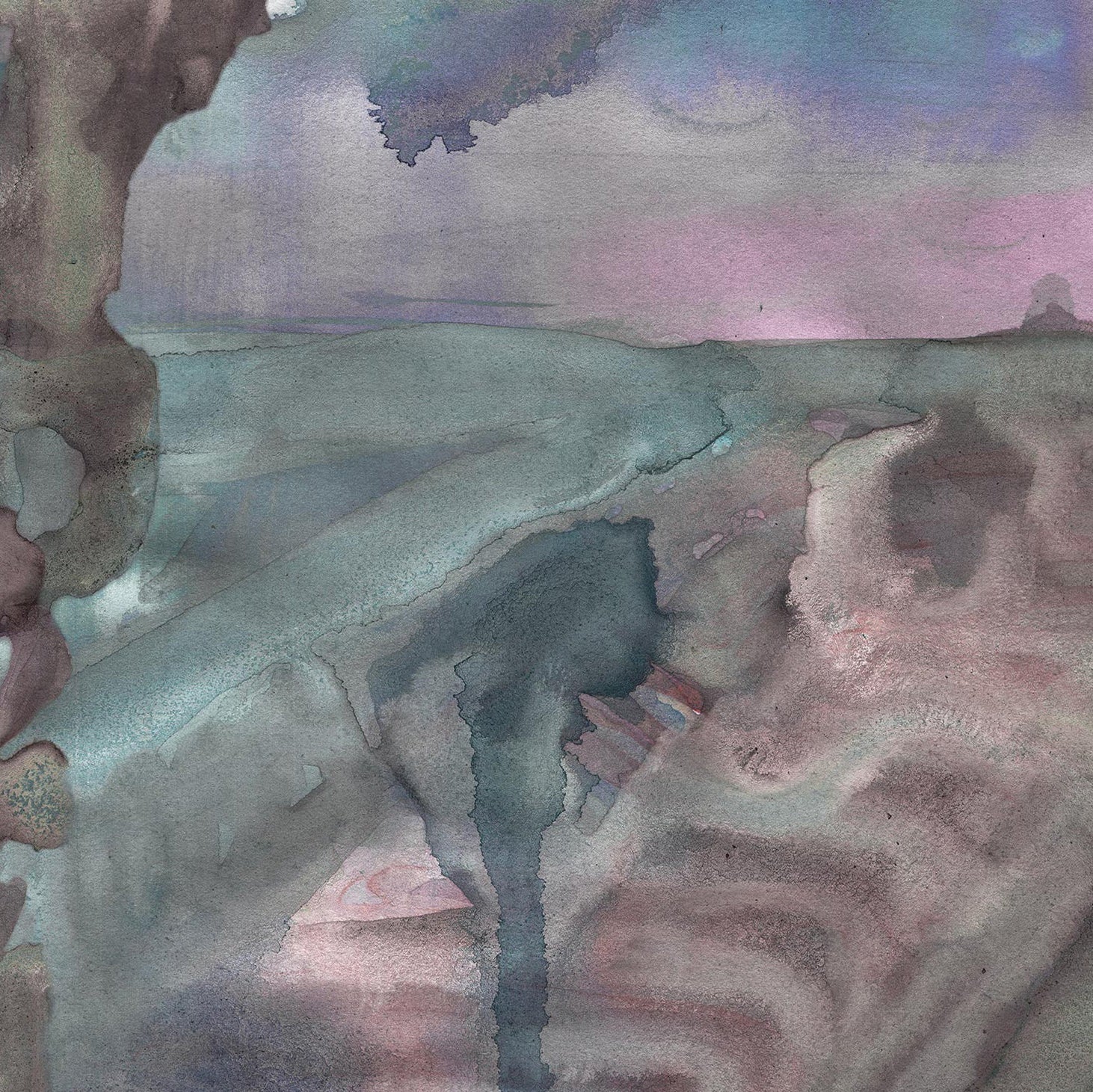 Detail of wallpaper in a watercolor painterly print in shades of pink, turquoise and gray.