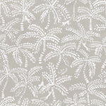 Detail of wallpaper in a playful palm tree and monkey print in white on a light gray field.