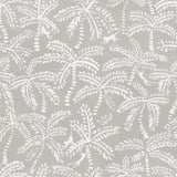 Detail of wallpaper in a playful palm tree and monkey print in white on a light gray field.