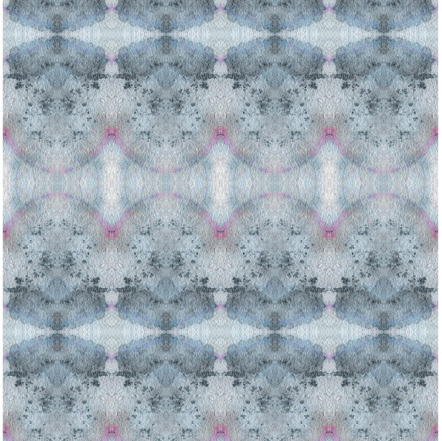 Detail of wallpaper in a watercolor ink blot pattern in shades of gray, blue and pink.