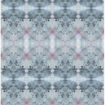 Detail of wallpaper in a watercolor ink blot pattern in shades of gray, blue and pink.