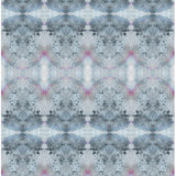 Detail of wallpaper in a watercolor ink blot pattern in shades of gray, blue and pink.