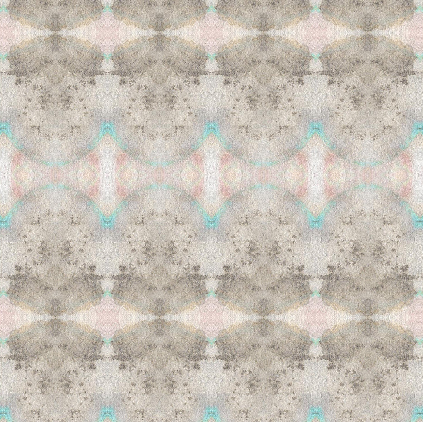 Detail of wallpaper in a watercolor ink blot pattern in shades of tan, turquoise and pink.
