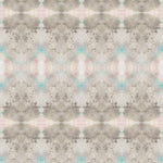 Detail of wallpaper in a watercolor ink blot pattern in shades of tan, turquoise and pink.