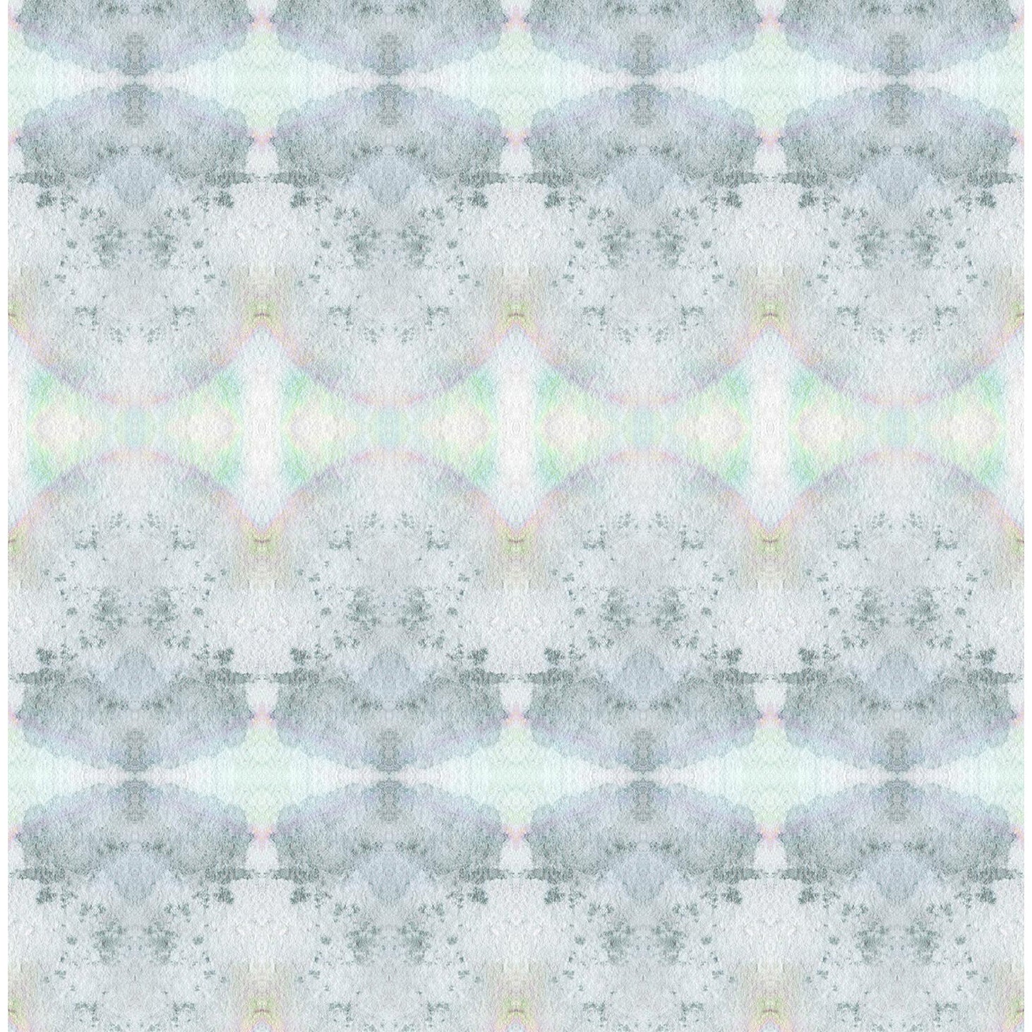 Detail of wallpaper in a watercolor ink blot pattern in shades of gray, green and pink.