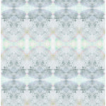 Detail of wallpaper in a watercolor ink blot pattern in shades of gray, green and pink.