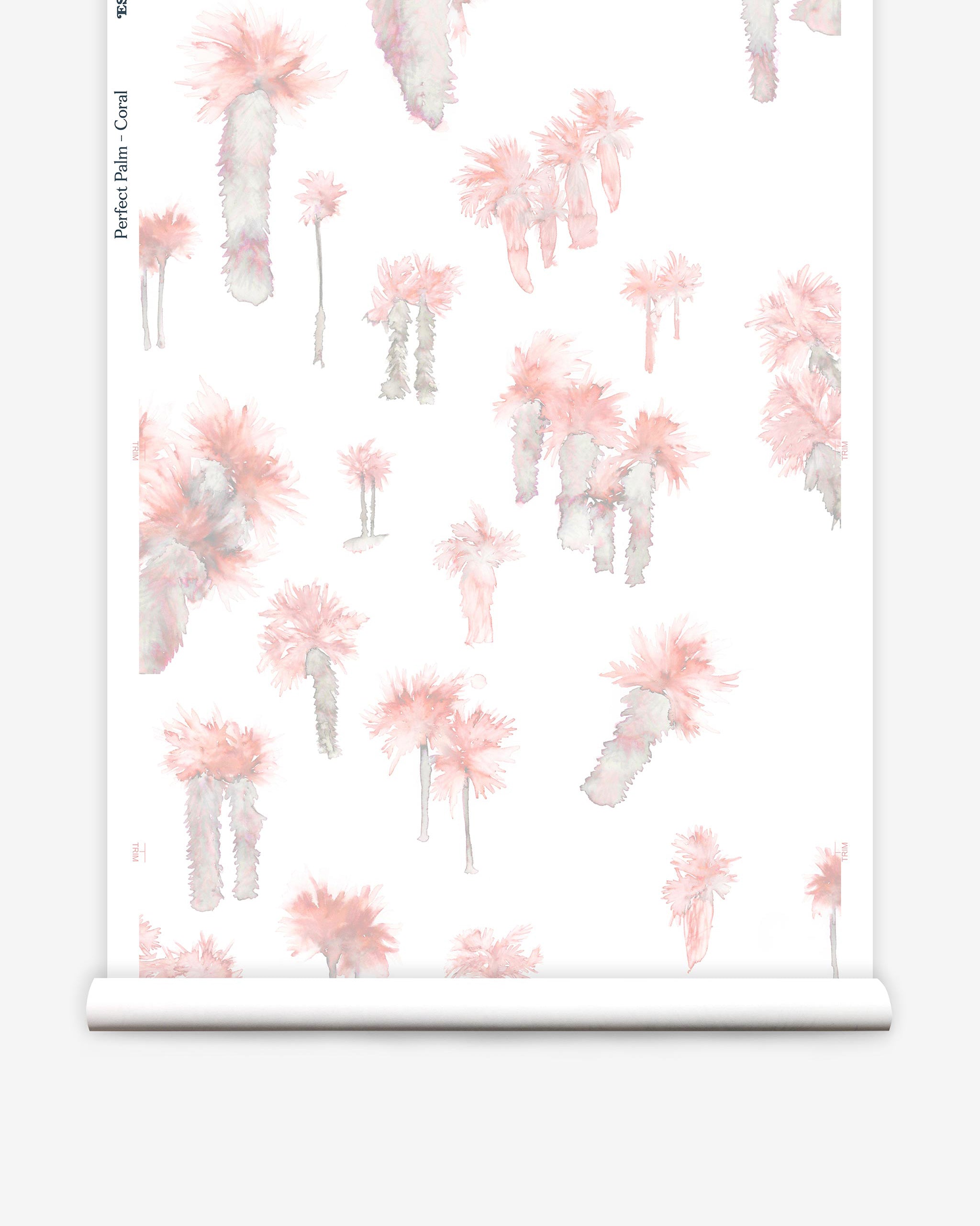 Partially unrolled wallpaper yardage in a playful palm tree print in shades of gray and pink on a white field.