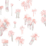 Detail of wallpaper in a playful palm tree print in shades of gray and pink on a white field.