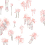 Detail of wallpaper in a playful palm tree print in shades of gray and pink on a white field.