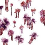 Detail of wallpaper in a playful palm tree print in shades of purple and red on a white field.