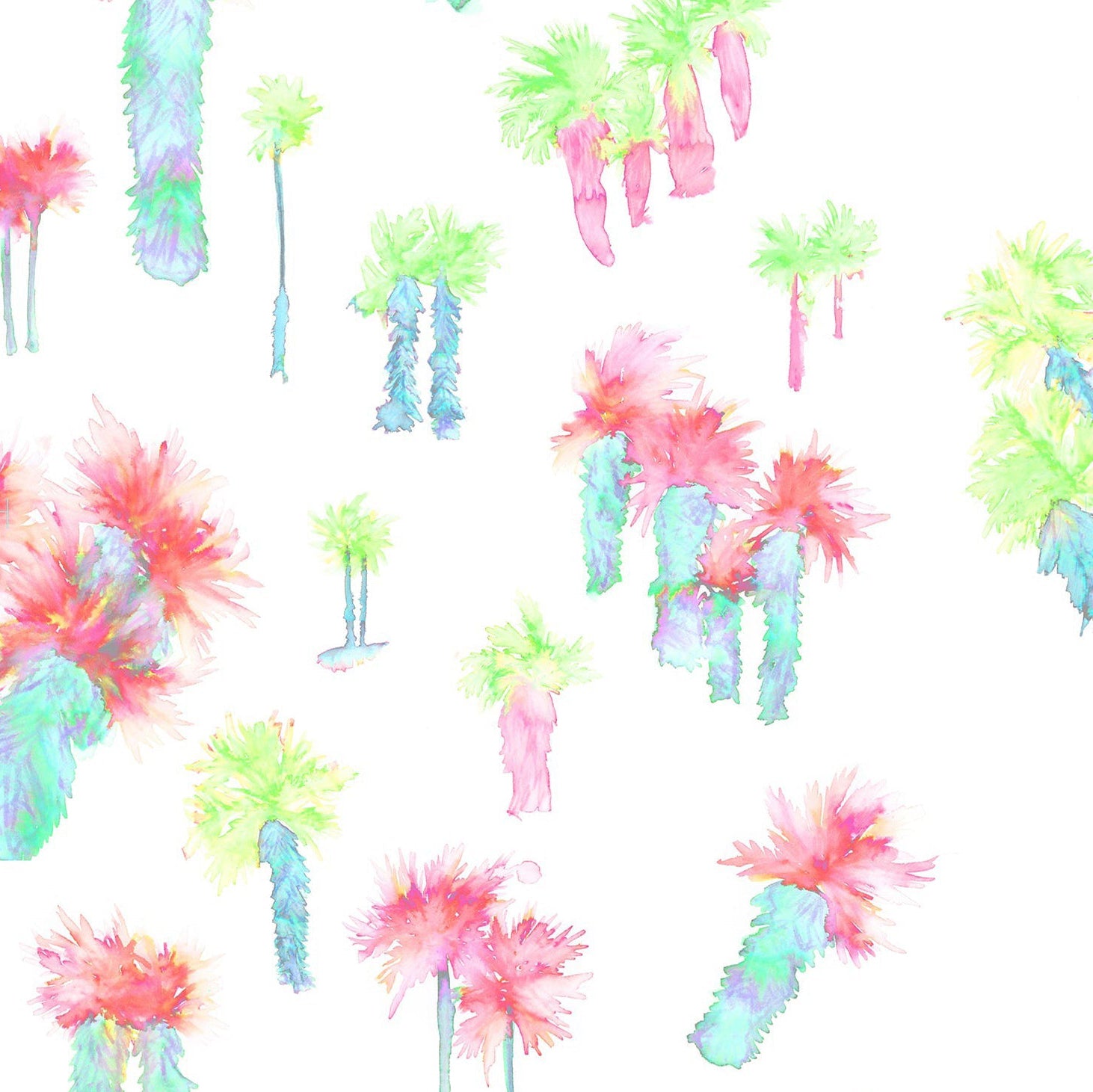 Detail of wallpaper in a playful palm tree print in a rainbow of neon shades on a white field.