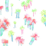 Detail of wallpaper in a playful palm tree print in a rainbow of neon shades on a white field.