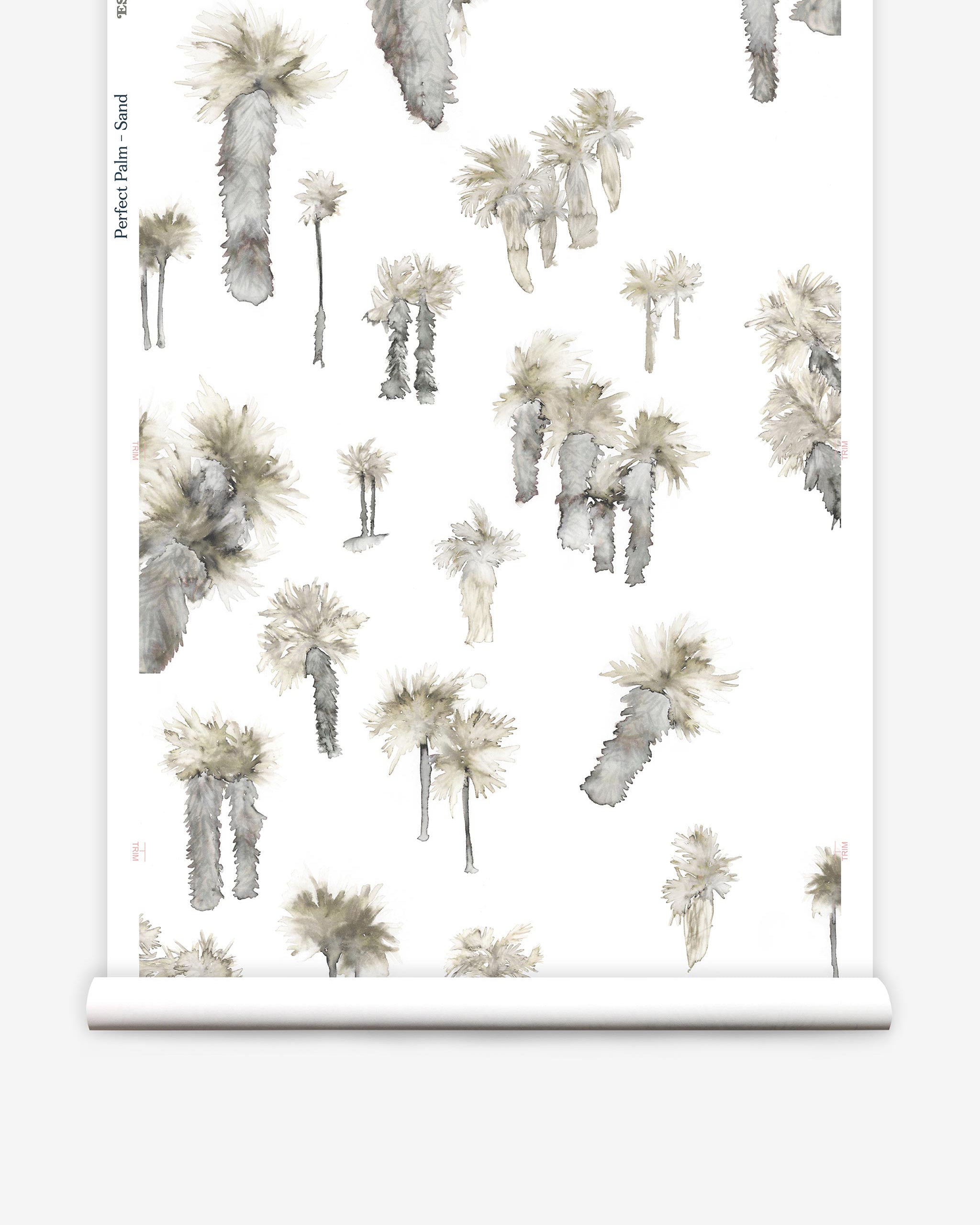 Partially unrolled wallpaper yardage in a playful palm tree print in shades of brown and gray on a white field.