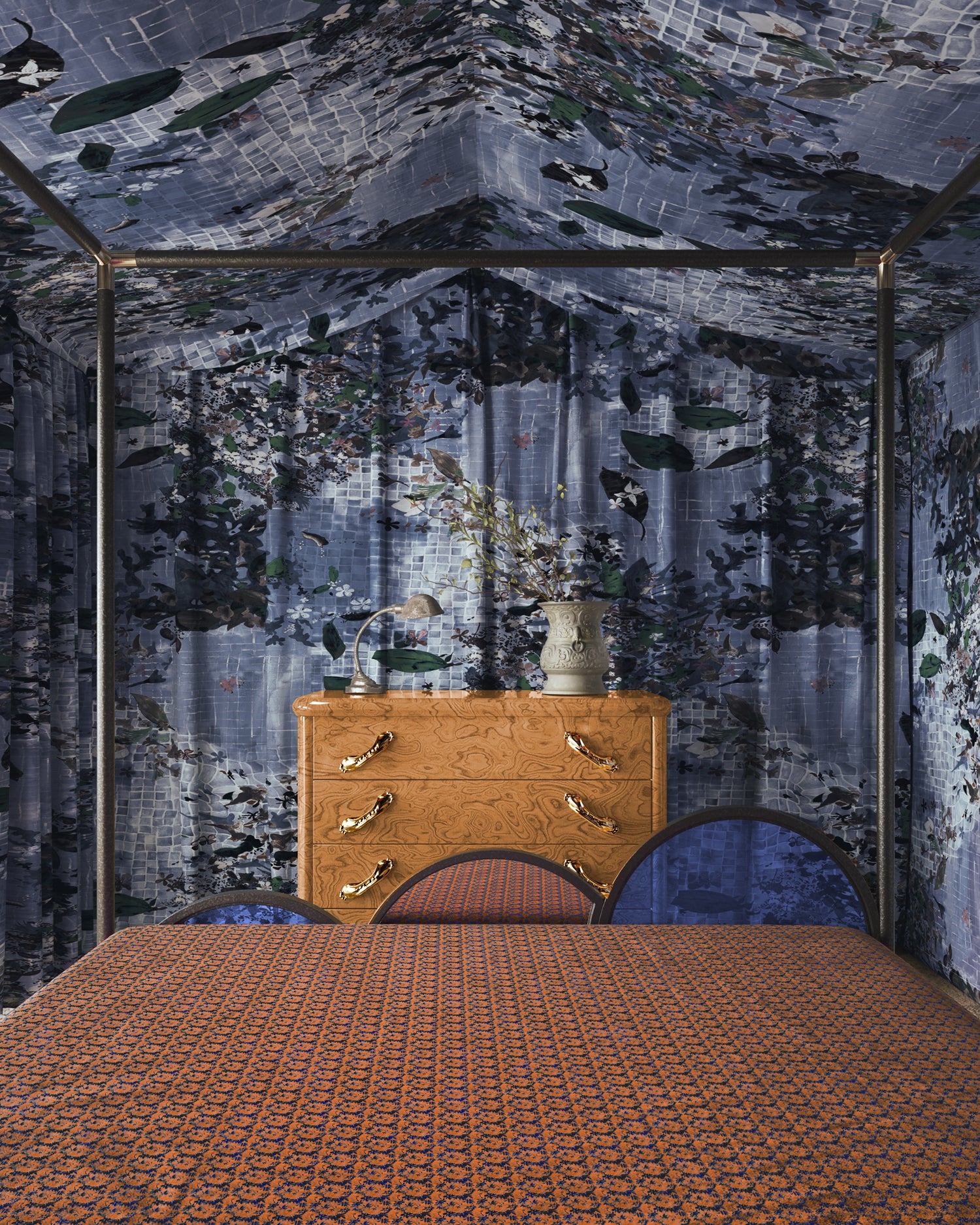 Bedroom with patterned wallpaper and wooden dresser