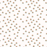 Scaled-out view of fabric in a minimal floral print in shades of pink, gold and green on a cream field.