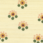 Detail of fabric in a minimal floral print in shades of pink, gold and green on a cream field.