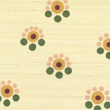 Detail of fabric in a minimal floral print in shades of pink, gold and green on a cream field.