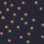 Detail of wallpaper in a minimal floral print in shades of red, yellow and green on a navy field.