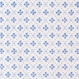 Detail of fabric in a dainty floral lattice print in blue on a white field.