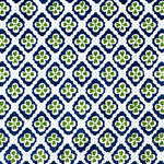 Detail of fabric in a floral lattice print in navy and green on a white field.