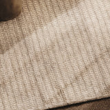 Area rug in a subtle stripe pattern in taupe, with a hint of a velvet chair leg. 
