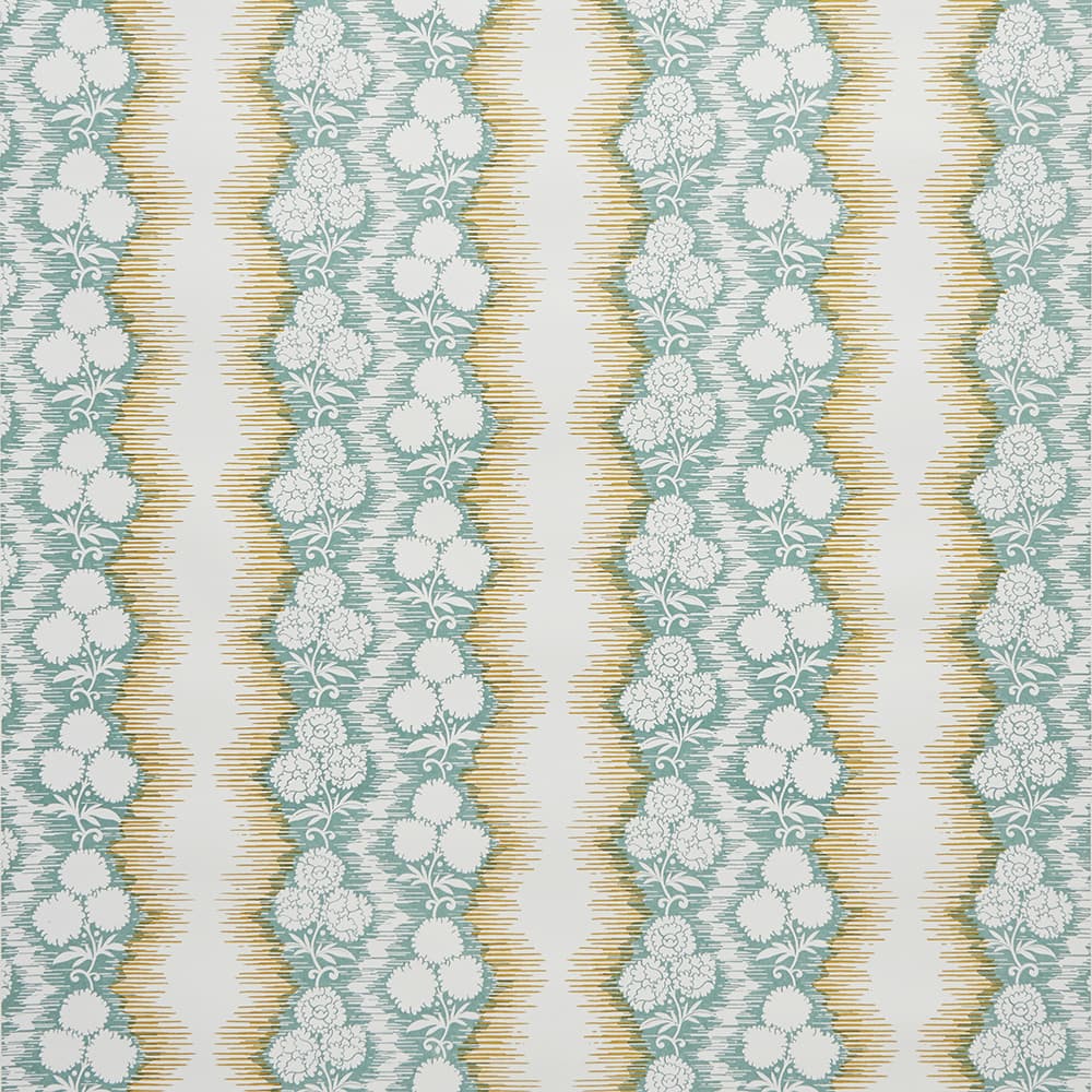 Patterned wallpaper with white floral design on a blue and yellow striped background