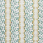 Patterned wallpaper with white floral design on a blue and yellow striped background