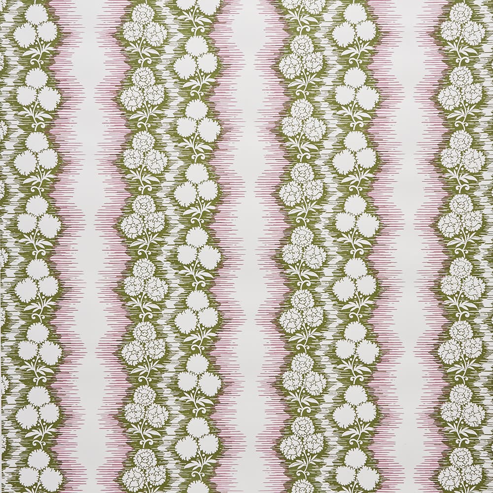 Patterned wallpaper with white floral design on a striped background