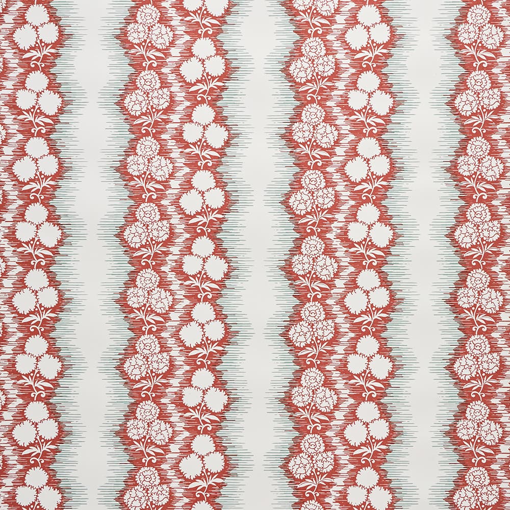 Patterned wallpaper with red and white floral design on a striped background