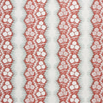 Patterned wallpaper with red and white floral design on a striped background