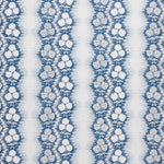 Patterned wallpaper with blue and white floral design on a striped background