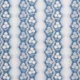 Patterned wallpaper with blue and white floral design on a striped background