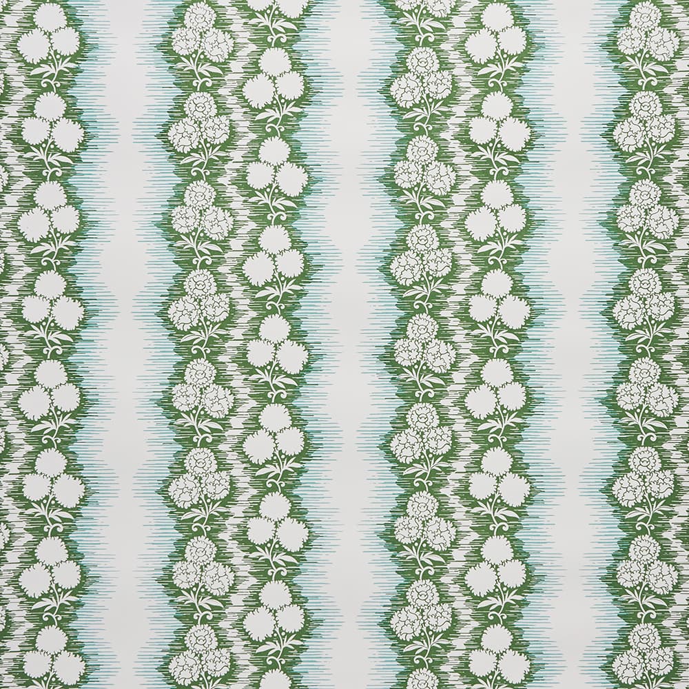 Patterned wallpaper with white floral design on a blue and green striped background
