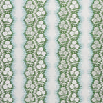 Patterned wallpaper with white floral design on a blue and green striped background