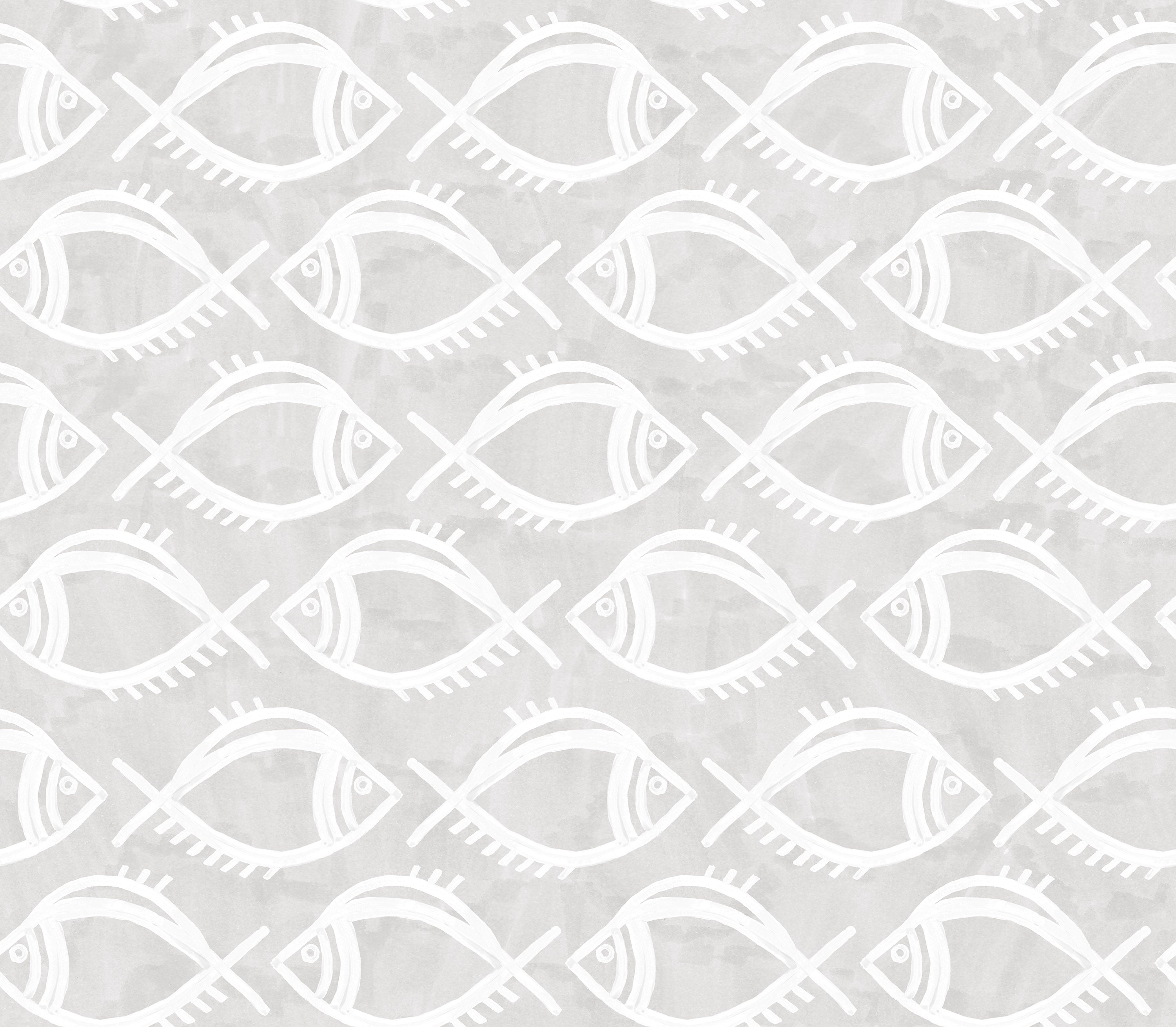 Detail of wallpaper in a playful fish print in white on a light gray field.