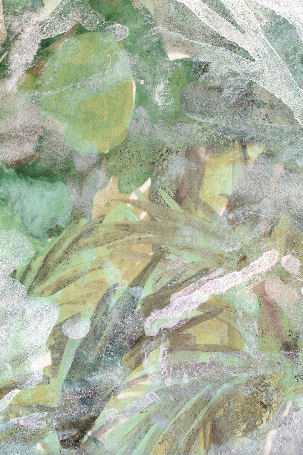 Close-up of green watercolor leaves on a textured surface