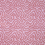 Printed fabric in a meandering hand drawn line pattern in red on a pink field. 