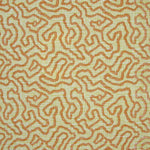 Printed fabric in a meandering hand drawn line pattern in orange on a green field.