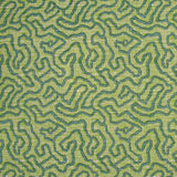 Printed fabric in a meandering hand drawn line pattern in teal on a bright green field. 