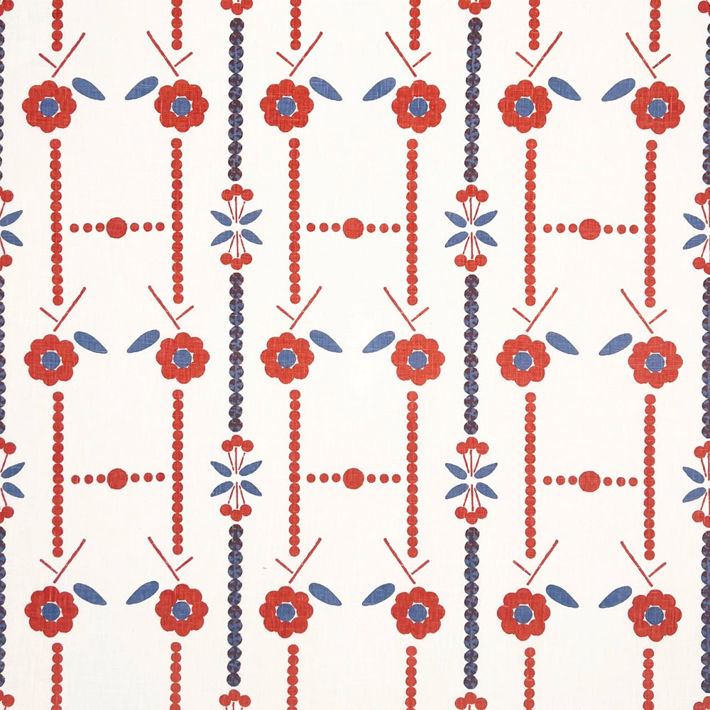 Printed wallpaper in a small scale floral stripe in red and blue.