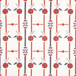 Printed wallpaper in a small scale floral stripe in red and blue.