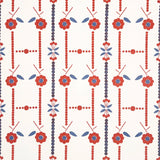 Printed wallpaper in a small scale floral stripe in red and blue.